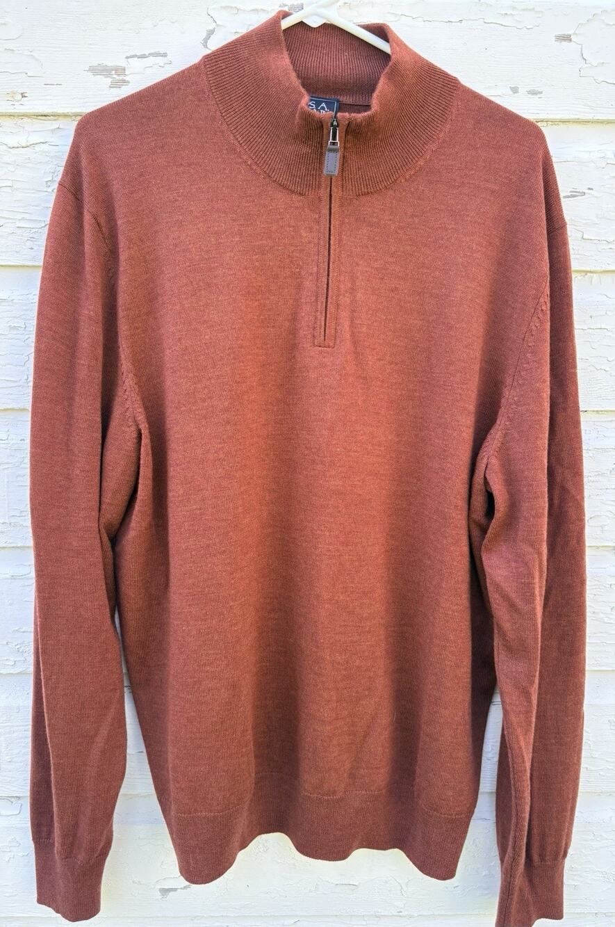 Jos. A. Bank Sweater Mens XL Rust Brown Mock Neck Zip Fine Merino Wool Coastal